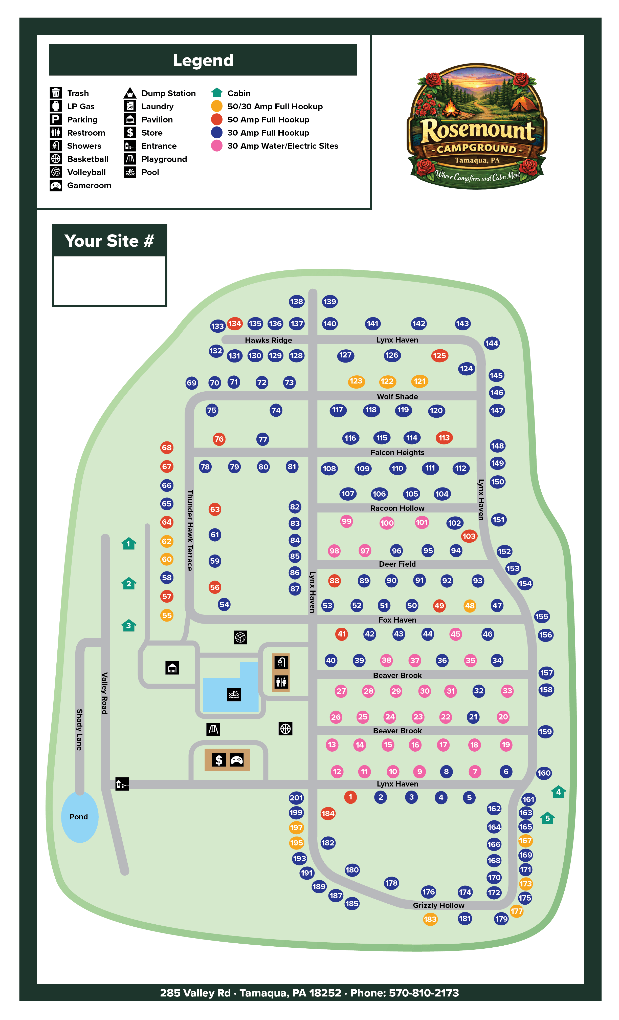 Rosemount Campground map showing numbered campsites, roads, cabins, pool, pond, pavilion, playground, store, and other amenities